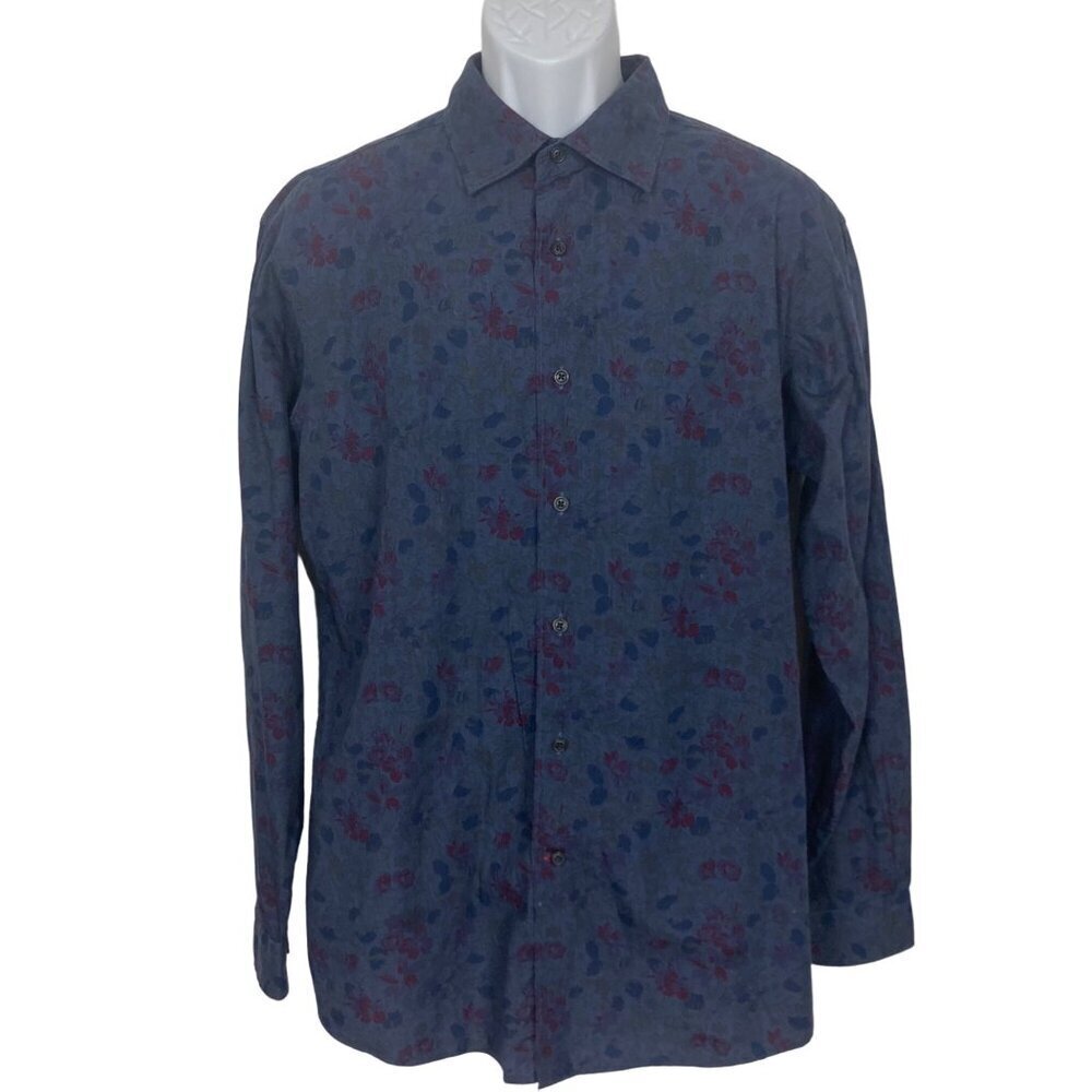 Vintage Daniel Cremieux Floral Button Front Shirt Mens Large Blue Red Cotton